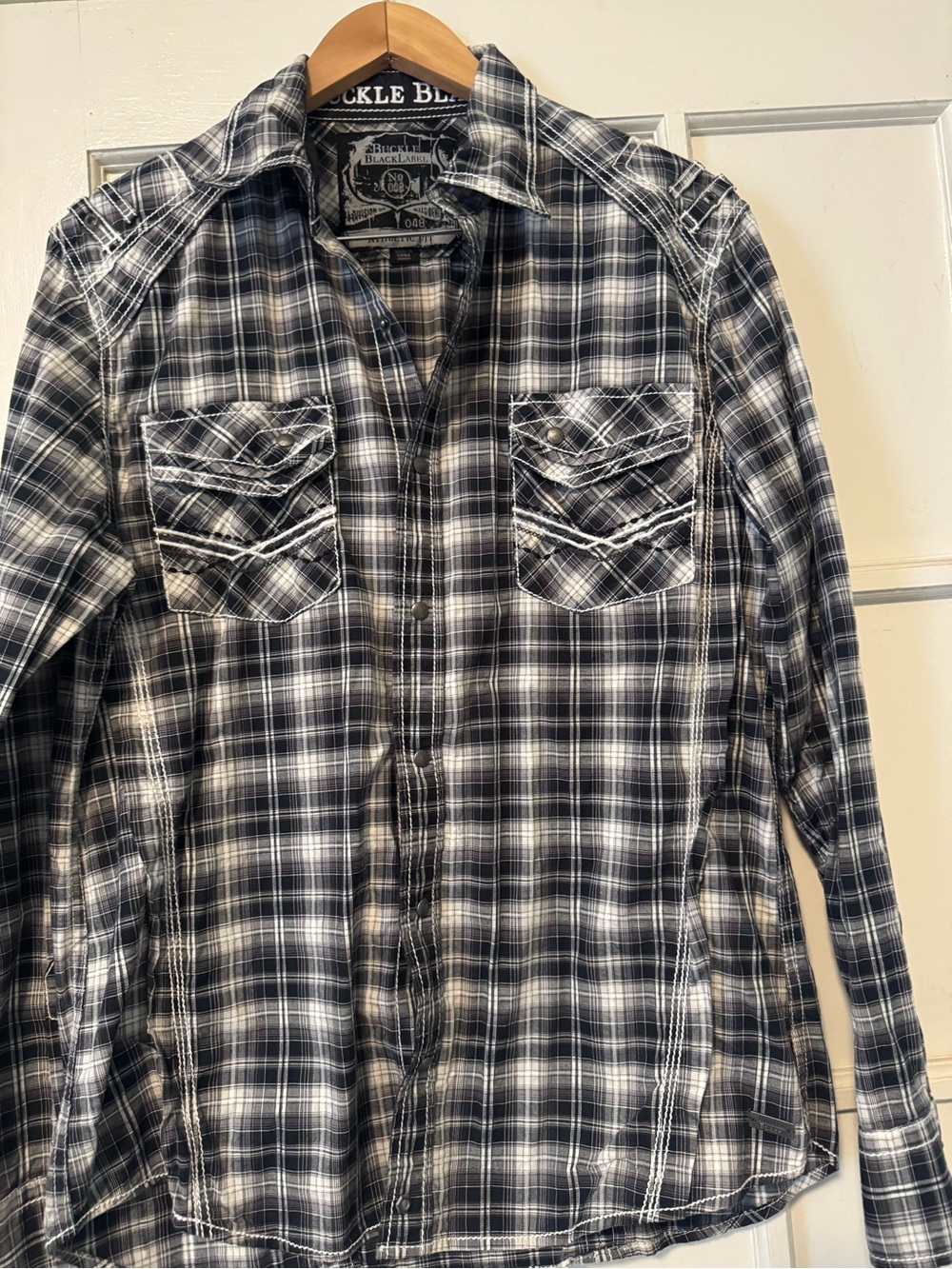 Black Label Men's Black & White Plaid Button-Down Shirt-Western Style